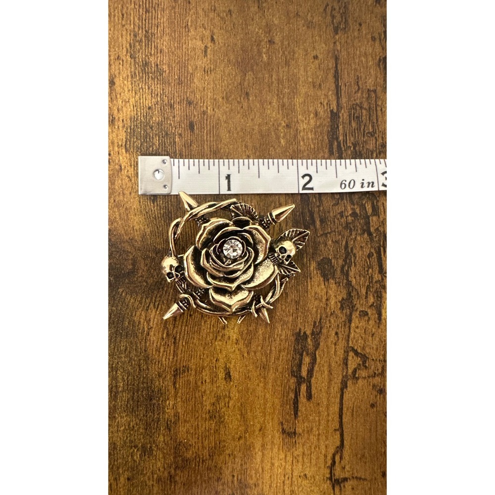 Vintage Gold Tone Rose Brooch Gothic Skull Thorn Spike Rhinestone Punk Pin